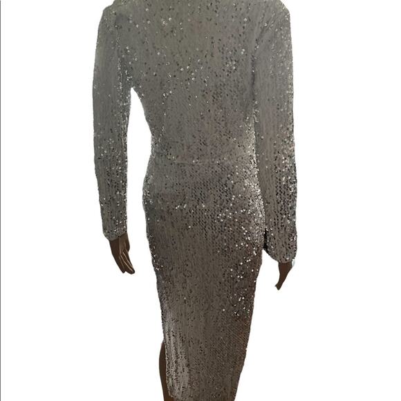 NWOT Bodycon DRESS Womens S Silver Deep V Sequined Long Sleeves Slit Cocktail - Picture 5 of 14